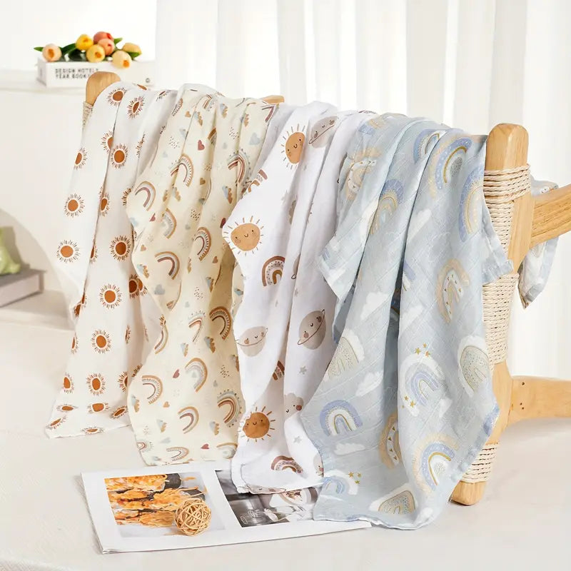 4-Pack Silky-Soft Bamboo Muslin Swaddles - Starry Rainbows